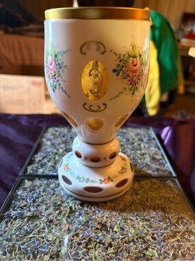 Hand-Painted Victorian White Floral Glass Votive Chalice with Gold Trim